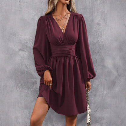 Women's Diagonal Collar Lantern Sleeve Smocking Pleated Waist Dress