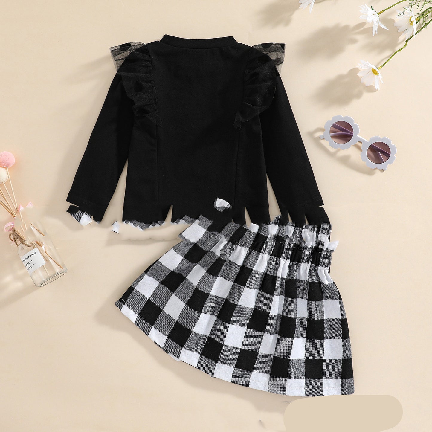 Red And Black Plaid Skirt Suit Black Polka Dot Flying Sleeve Two Piece