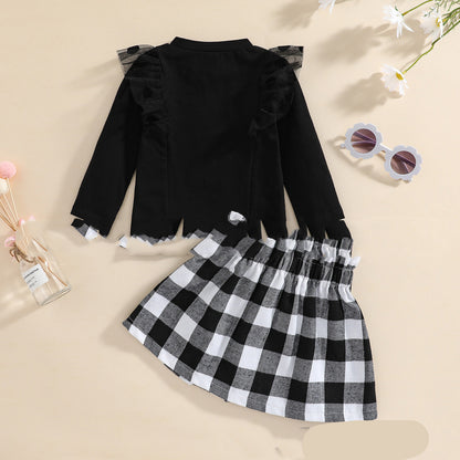 Red And Black Plaid Skirt Suit Black Polka Dot Flying Sleeve Two Piece