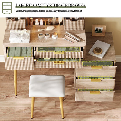 7-Drawer Vanity Desk With LED Mirror & Carved Details, Fluted Makeup Table With Metal Legs And PU Stool, Carved Dressing Table With Jewelry Storage For Bedroom