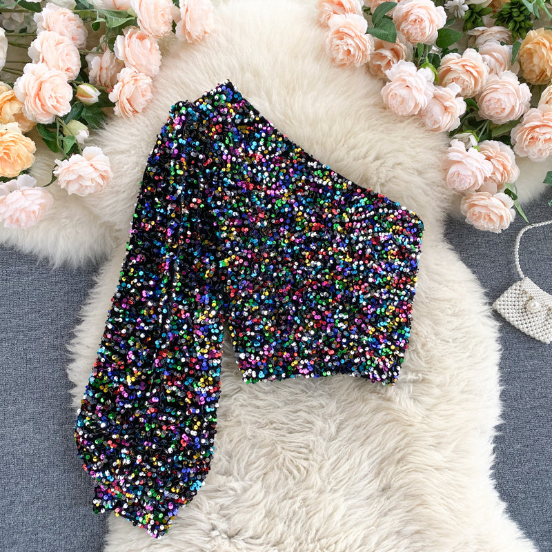 All-match Short Bling Glitter Sequin Top