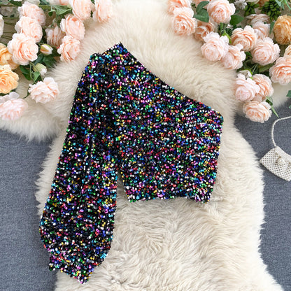 All-match Short Bling Glitter Sequin Top