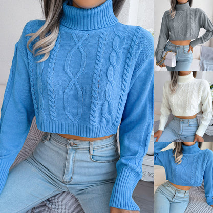 Autumn And Winter European And American Fashion Twist Long Sleeve Turtleneck Cropped Pullover Sweater