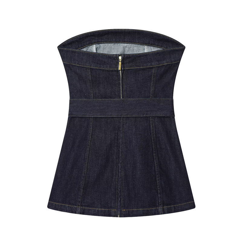 Denim Bustier Top With Belt And High-waisted Wide-leg Jeans