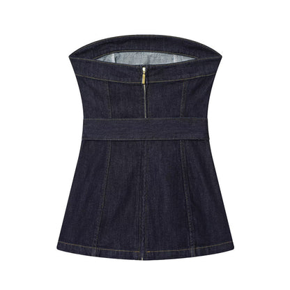 Denim Bustier Top With Belt And High-waisted Wide-leg Jeans