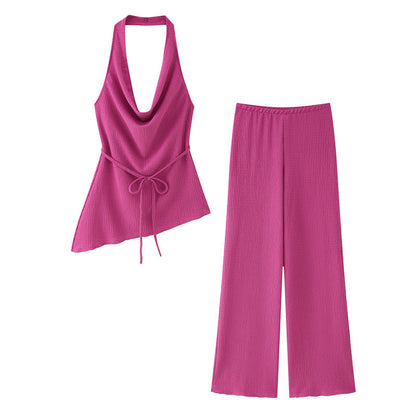 Asymmetric Design Hanging Collar Top And Trousers Suit