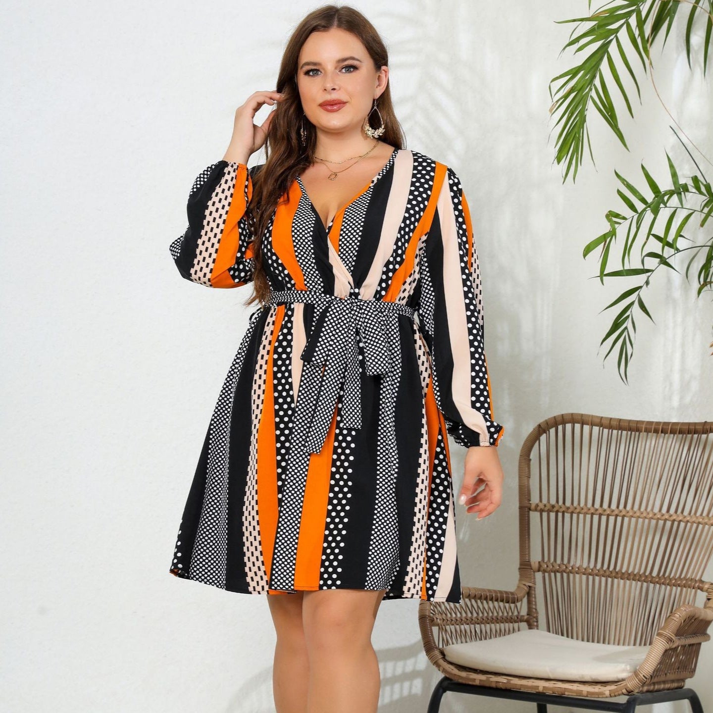V-neck Lace-up Plus Size Dress
