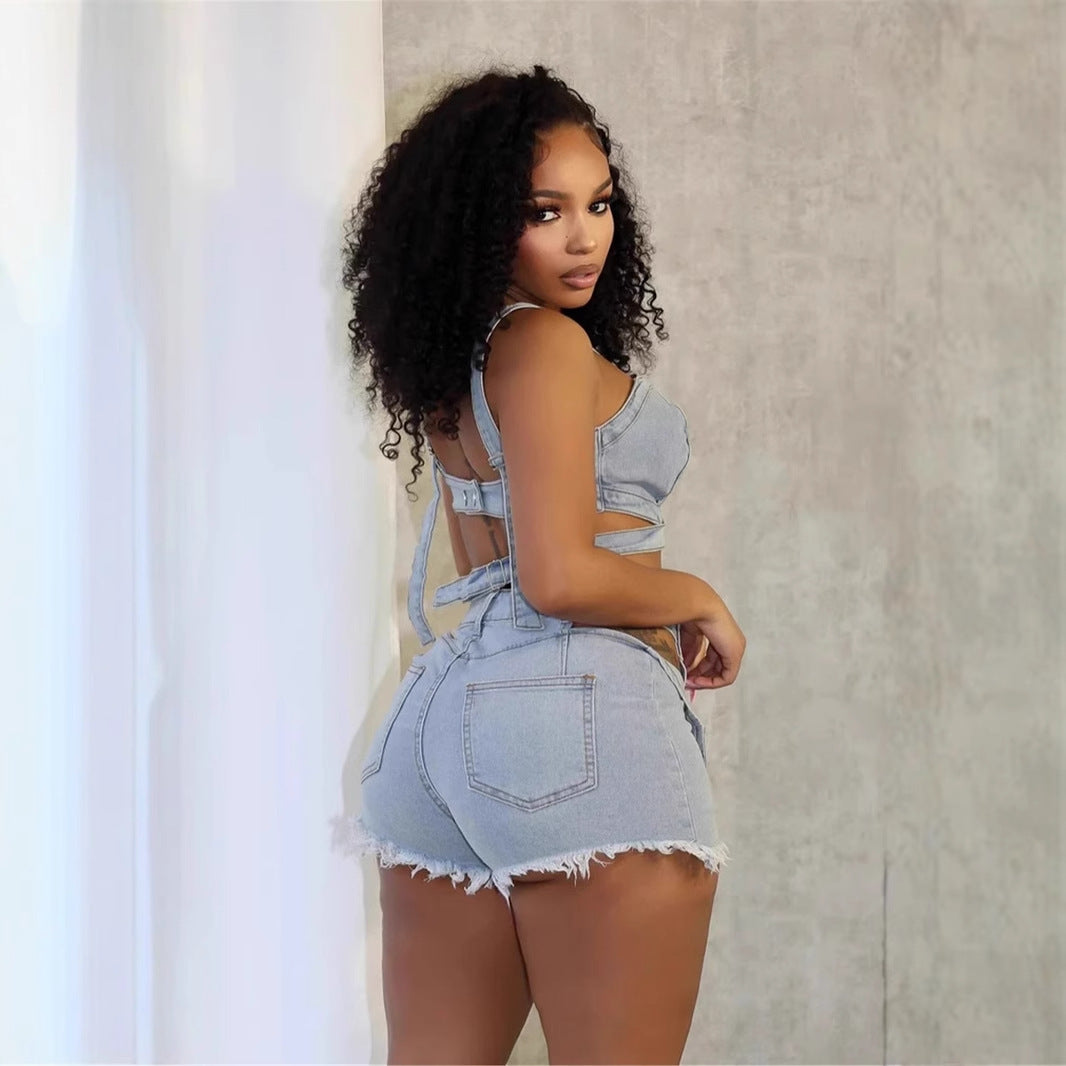 Washed Elastic Denim Casual Vest Shorts Set