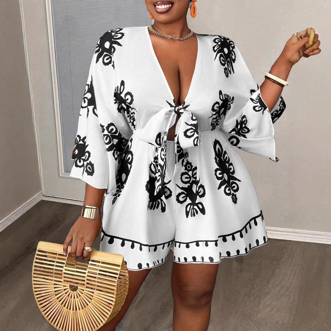 European And American Fashion Casual Bell Sleeve Women's V-neck Printed Clothes