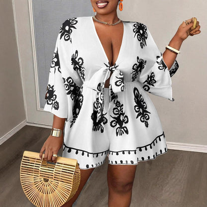 European And American Fashion Casual Bell Sleeve Women's V-neck Printed Clothes