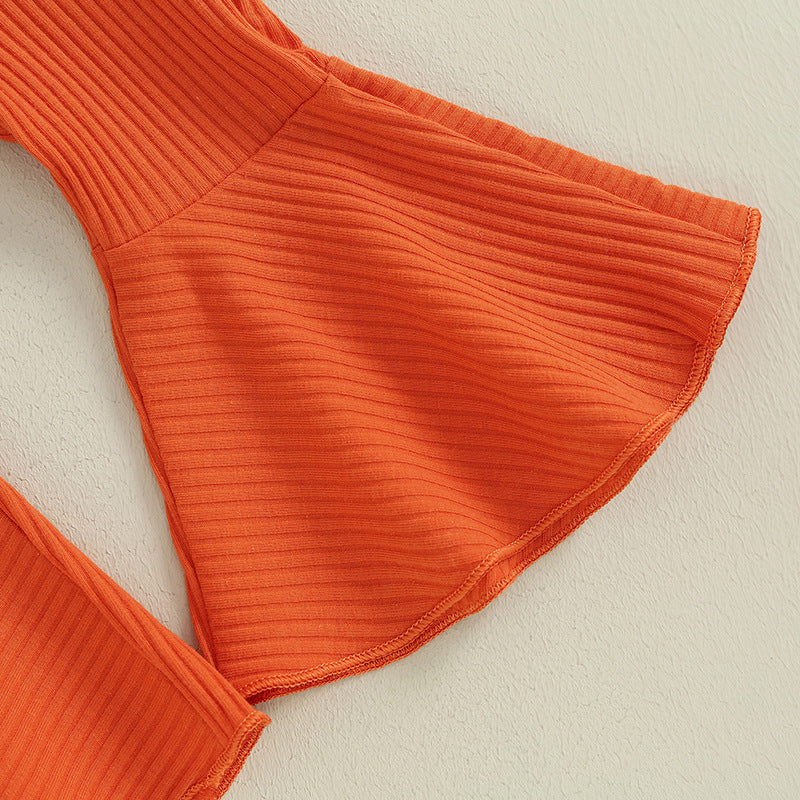 Children Ruffles Sleeve Sweater Sunken Stripe Cotton Bell-bottom Pants Suit