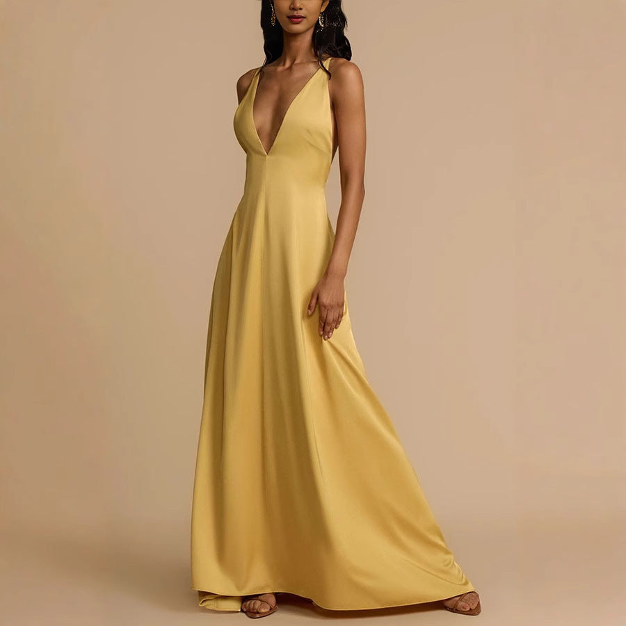 Women's Sexy Backless V-neck Satin Long Dress
