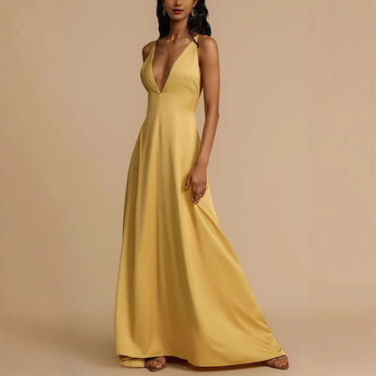 Women's Sexy Backless V-neck Satin Long Dress