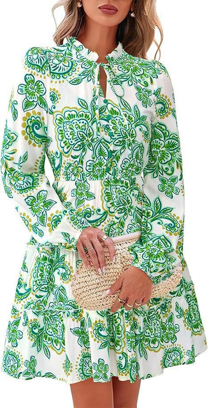 Elegant V-neck Flower Lace-up Long Sleeve Dress