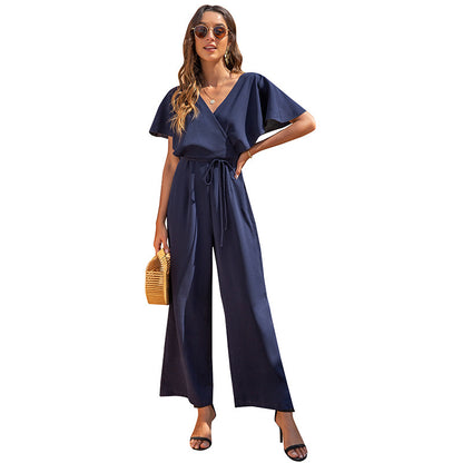 Women's V-neck Fashion Temperament Casual High Waist Loose Jumpsuit