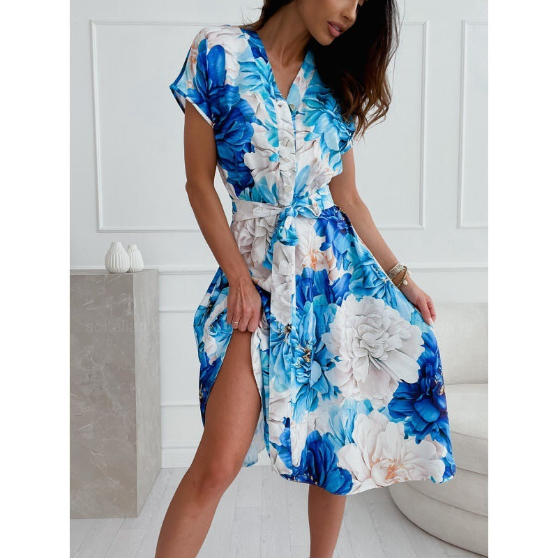 Summer V-neck Printed Short Sleeve Dress