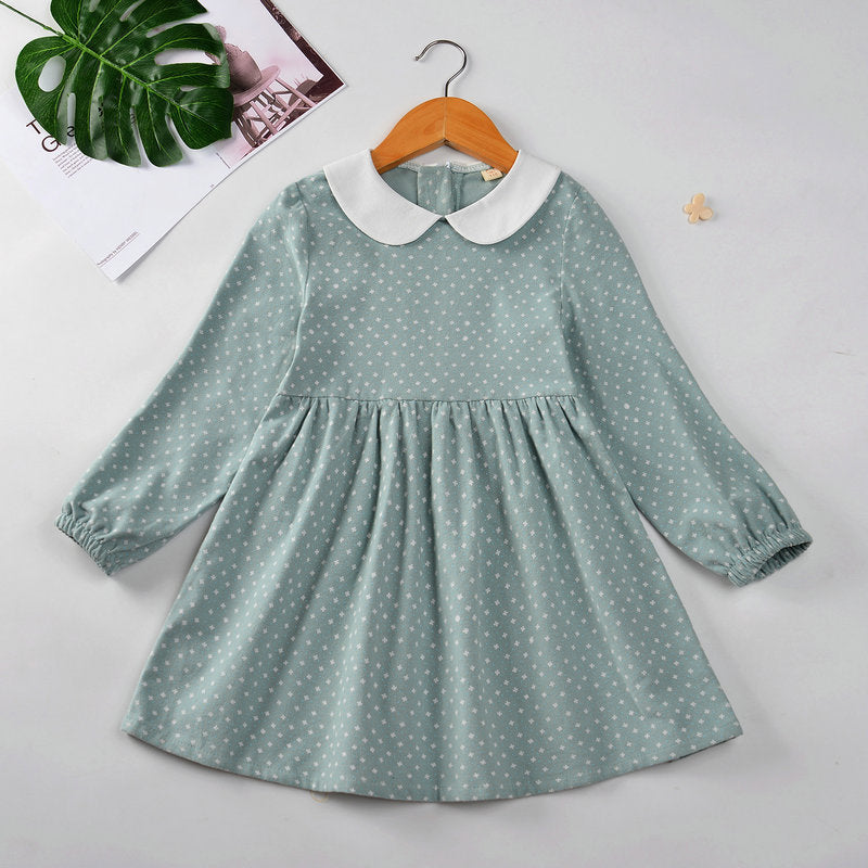 Cotton Cute Doll Collar Long Sleeve Pleated Princess Dress
