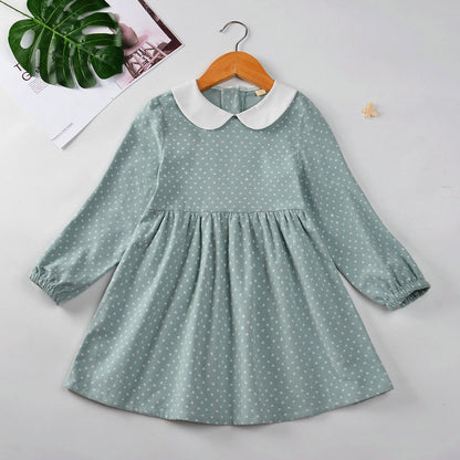 Cotton Cute Doll Collar Long Sleeve Pleated Princess Dress