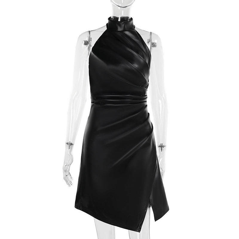 Women's Summer Leather Halter Pleated Dress