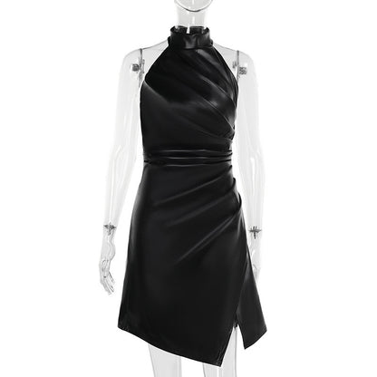 Women's Summer Leather Halter Pleated Dress