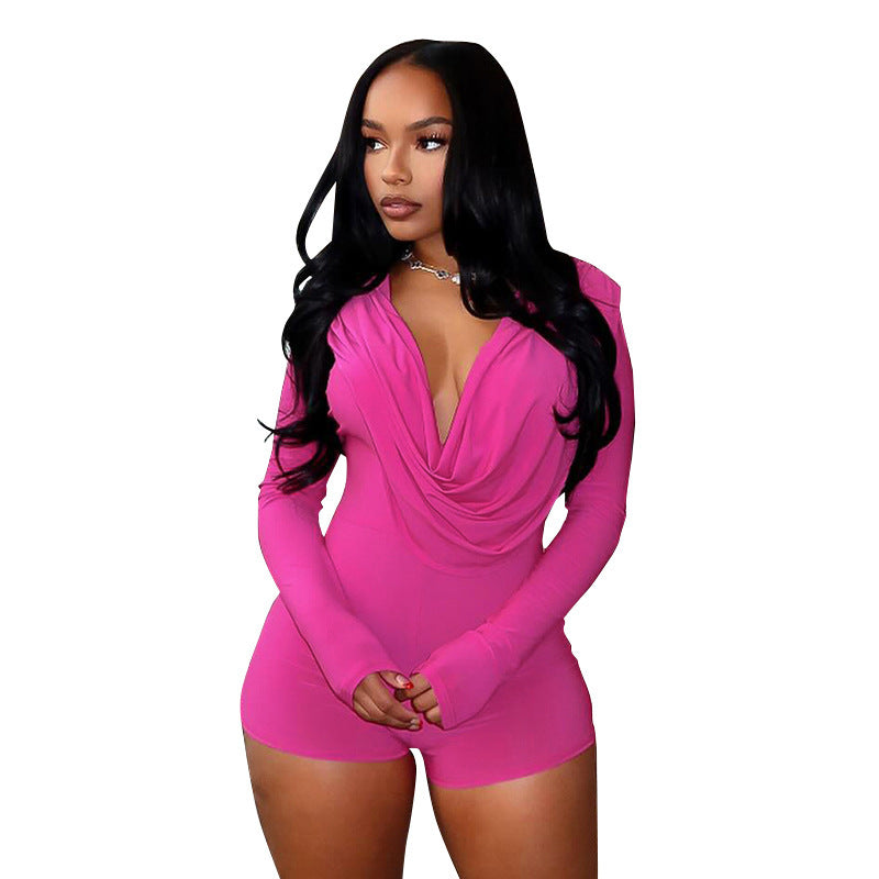 Women's Swing Collar Tight Long-sleeved One-piece Shorts