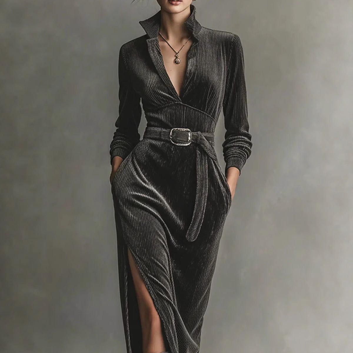 V-neck High Waist Solid Color Tie Slit Dress