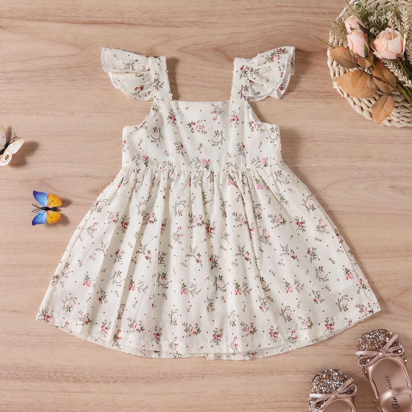 Children's Tricolor Floral Fly Sleeve Slip Dress