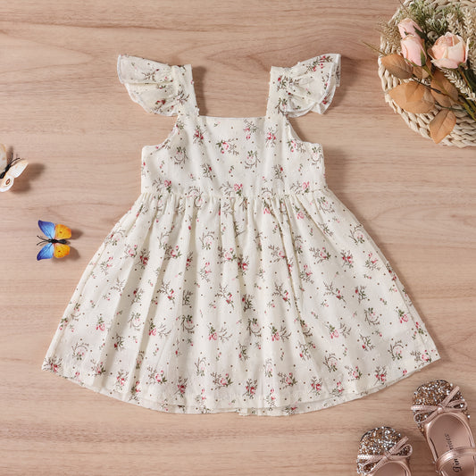 Children's Tricolor Floral Fly Sleeve Slip Dress
