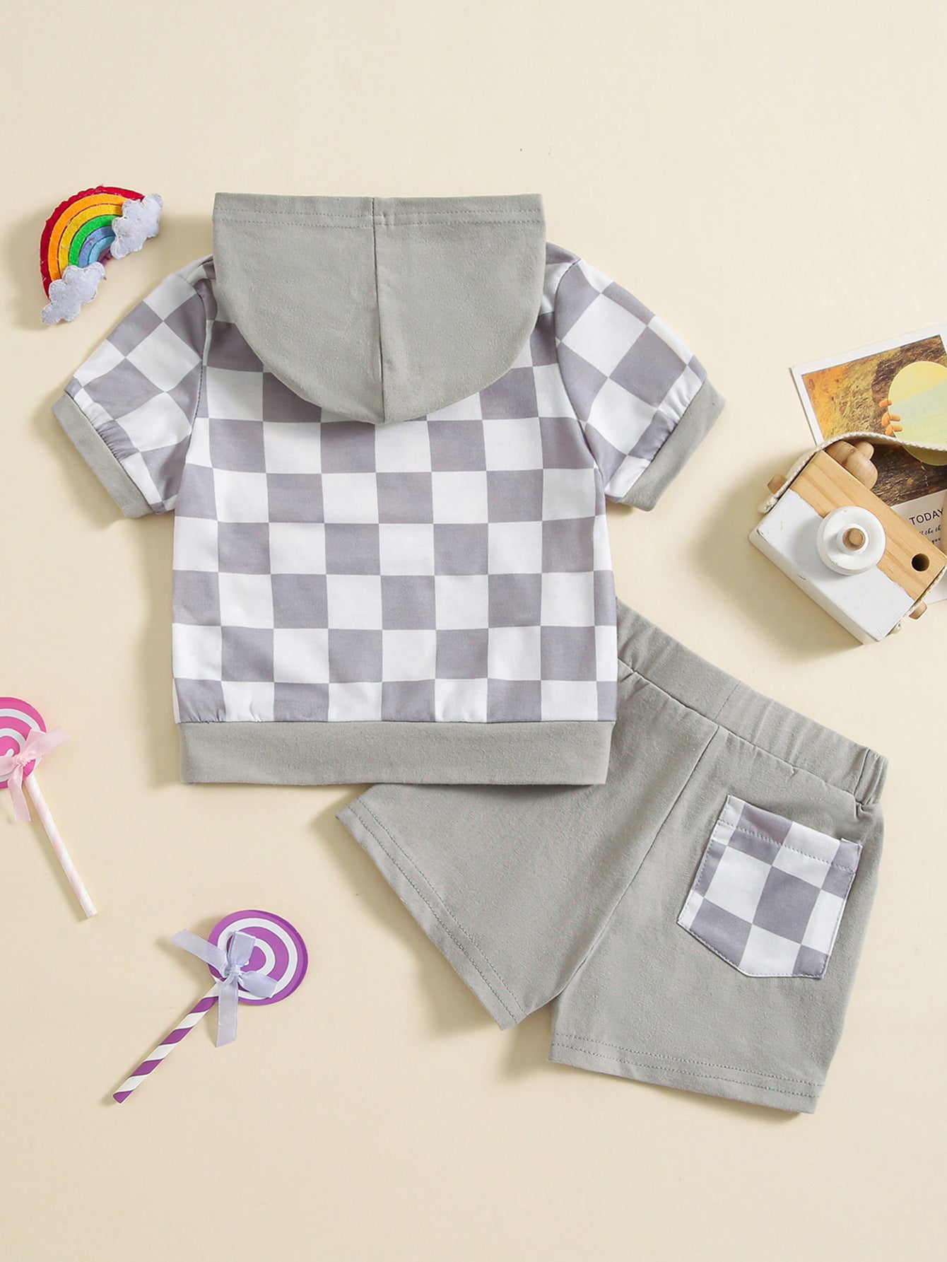 Girls' Plaid Colorblock T-shirt Hooded Shorts Two-piece Set