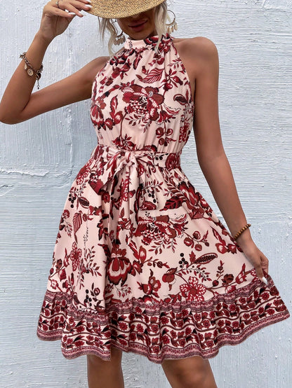 Fashion Floral Halter Waist Ladies Dress