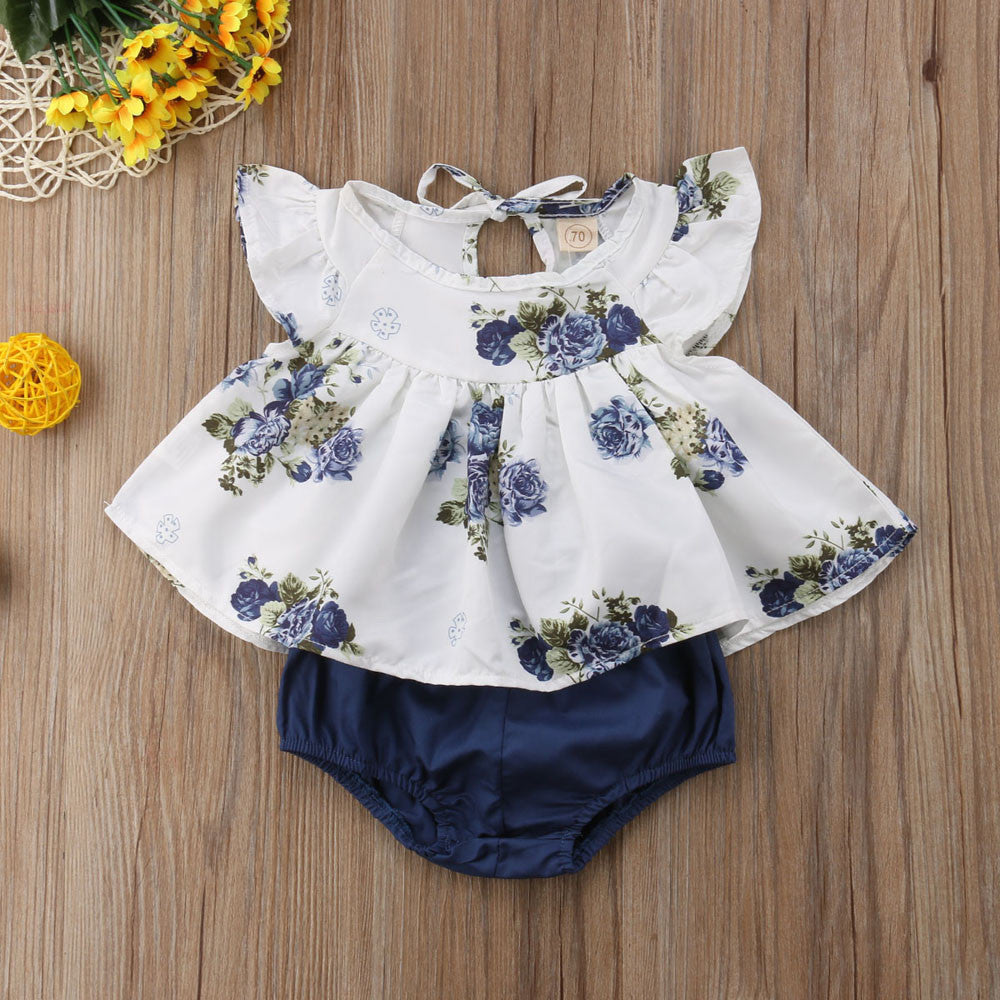 Two-piece Girl's Floral Print Shirt And Shorts