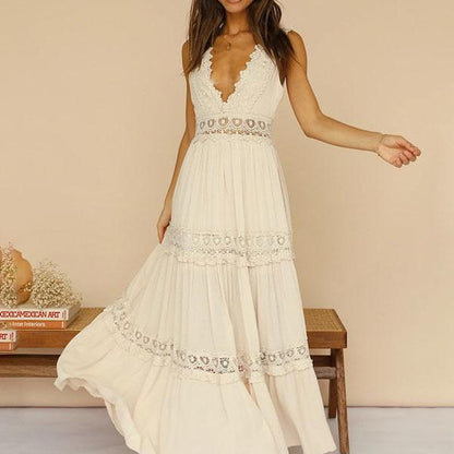 Fashion Lace V-neck Temperament Commute Lace Mid Waist Temperament V-neck Mid-length Dress