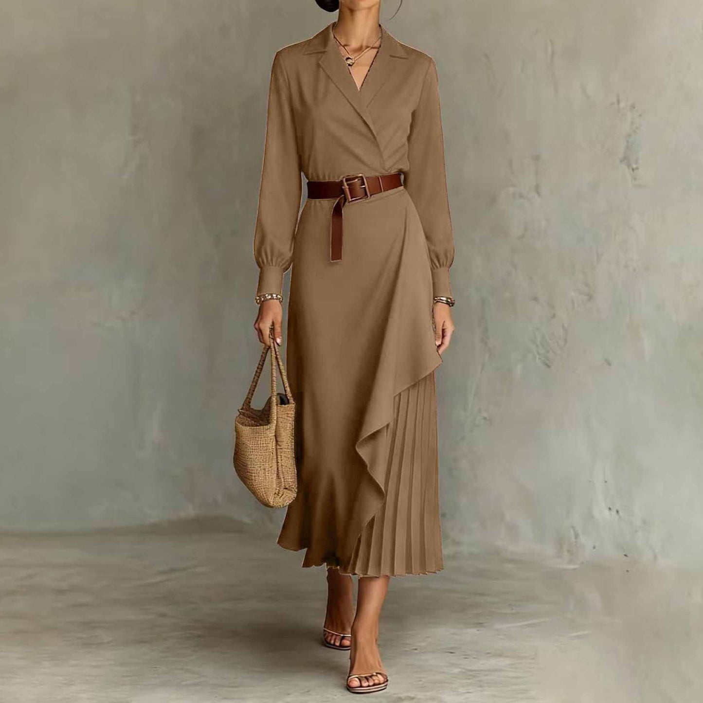 Western-style Irregular Pleated Long-sleeve Dress For Spring And Autumn
