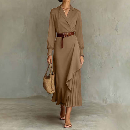 Western-style Irregular Pleated Long-sleeve Dress For Spring And Autumn