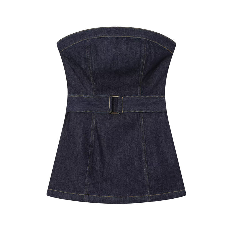 Denim Bustier Top With Belt And High-waisted Wide-leg Jeans
