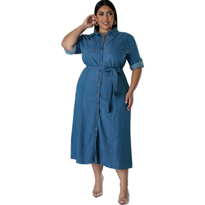 Denim Lapel Long Sleeve Tied Midi Dress