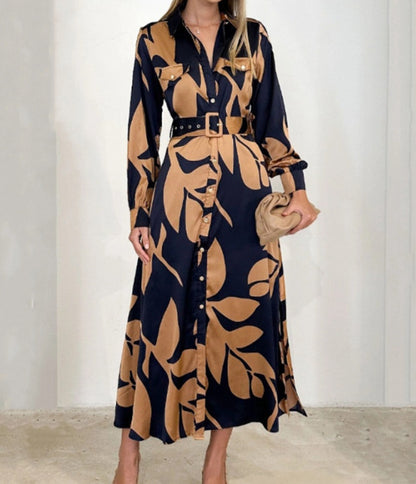 Women's Printed Waist-controlled Long-sleeved Dress