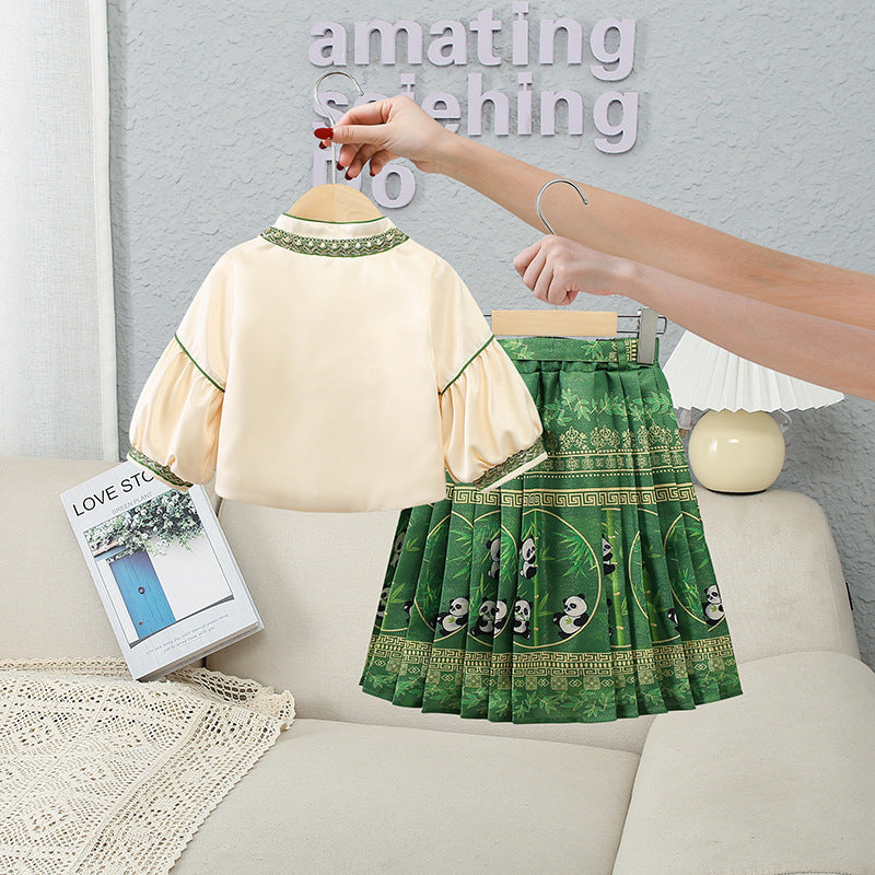 Girls Dress Fashion National Style Children's Two-piece Suit Horse-face Skirt