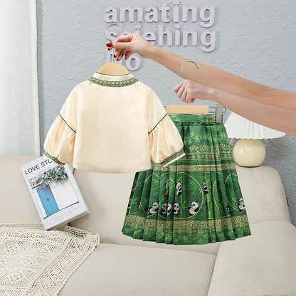 Girls Dress Fashion National Style Children's Two-piece Suit Horse-face Skirt