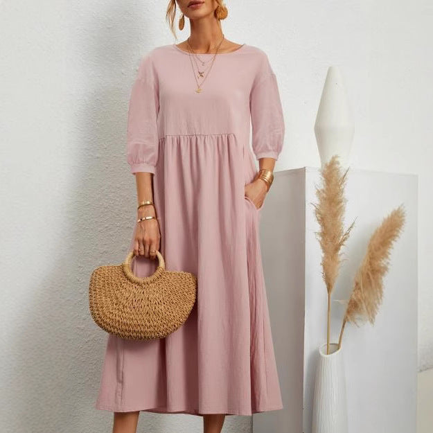 Lantern Sleeve Loose Cotton And Linen Pocket Dress