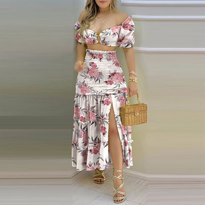 Women's Fashion Printed Split Skirt Two Piece Set
