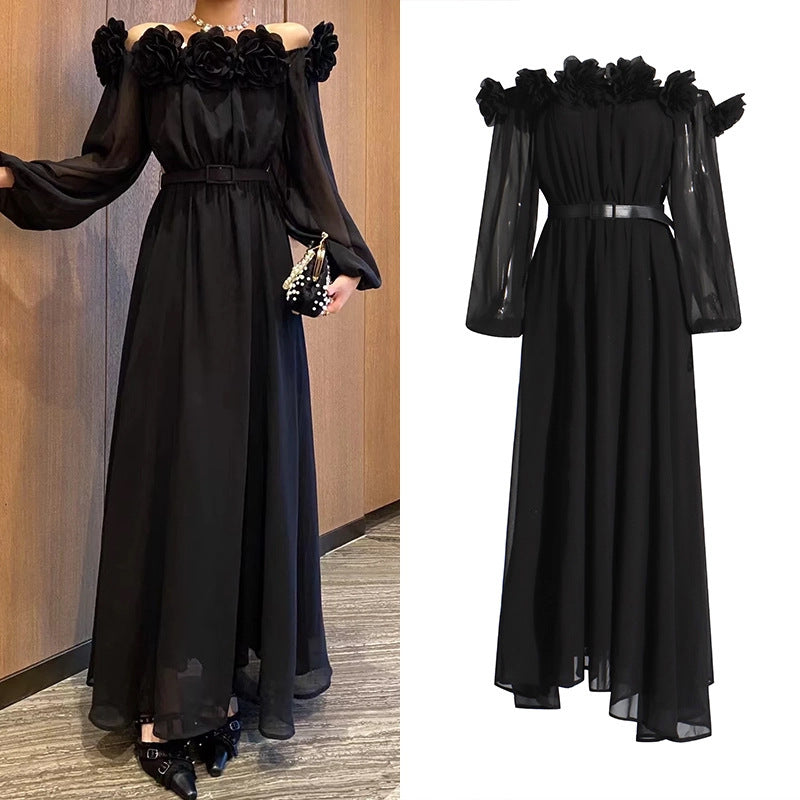 Three-dimensional Flower Patchwork Waist-slimming Dress Female