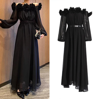 Three-dimensional Flower Patchwork Waist-slimming Dress Female