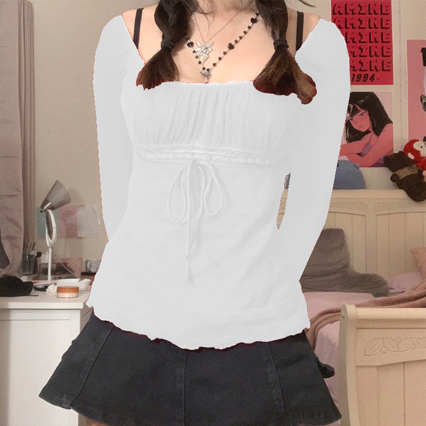 Autumn Mesh Lace Pullover Bow Waist Long Sleeve Top