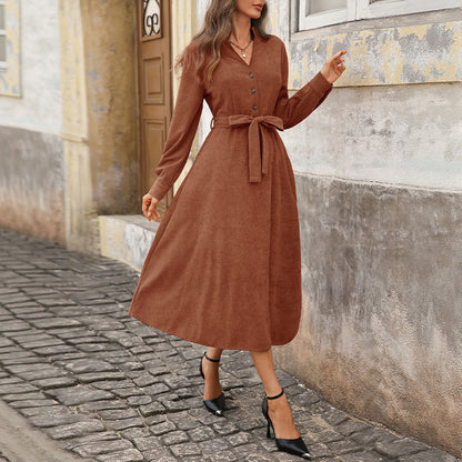 Corduroy V-neck Work Commuter Dress Women