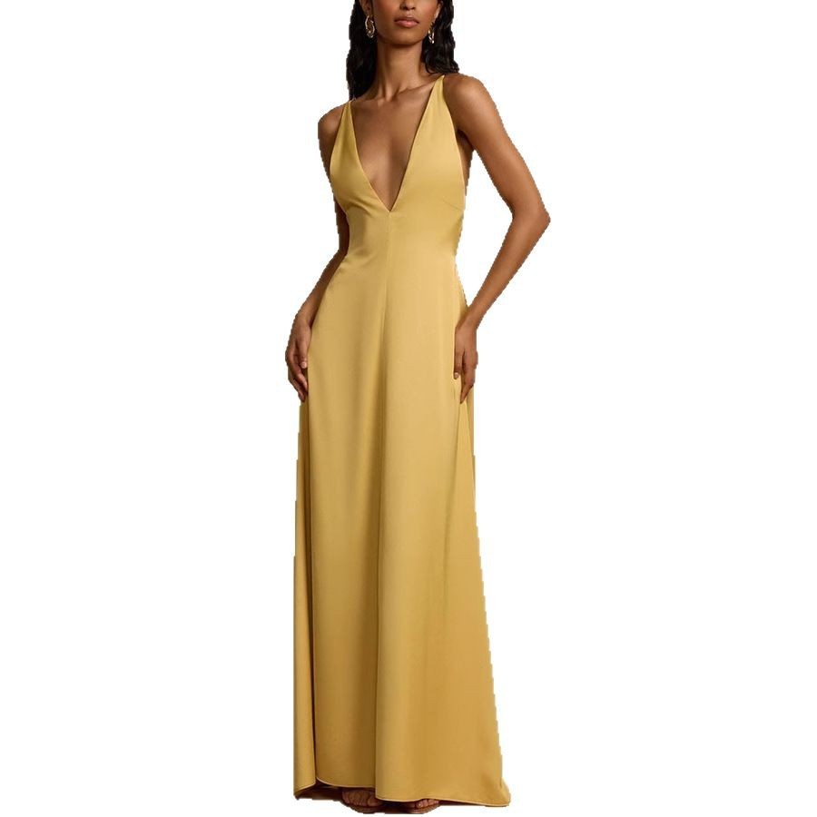 Women's Sexy Backless V-neck Satin Long Dress