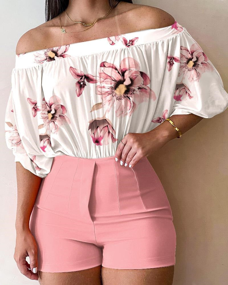 Women's Fashionable Elegant Floral Printed Top And Shorts Suit