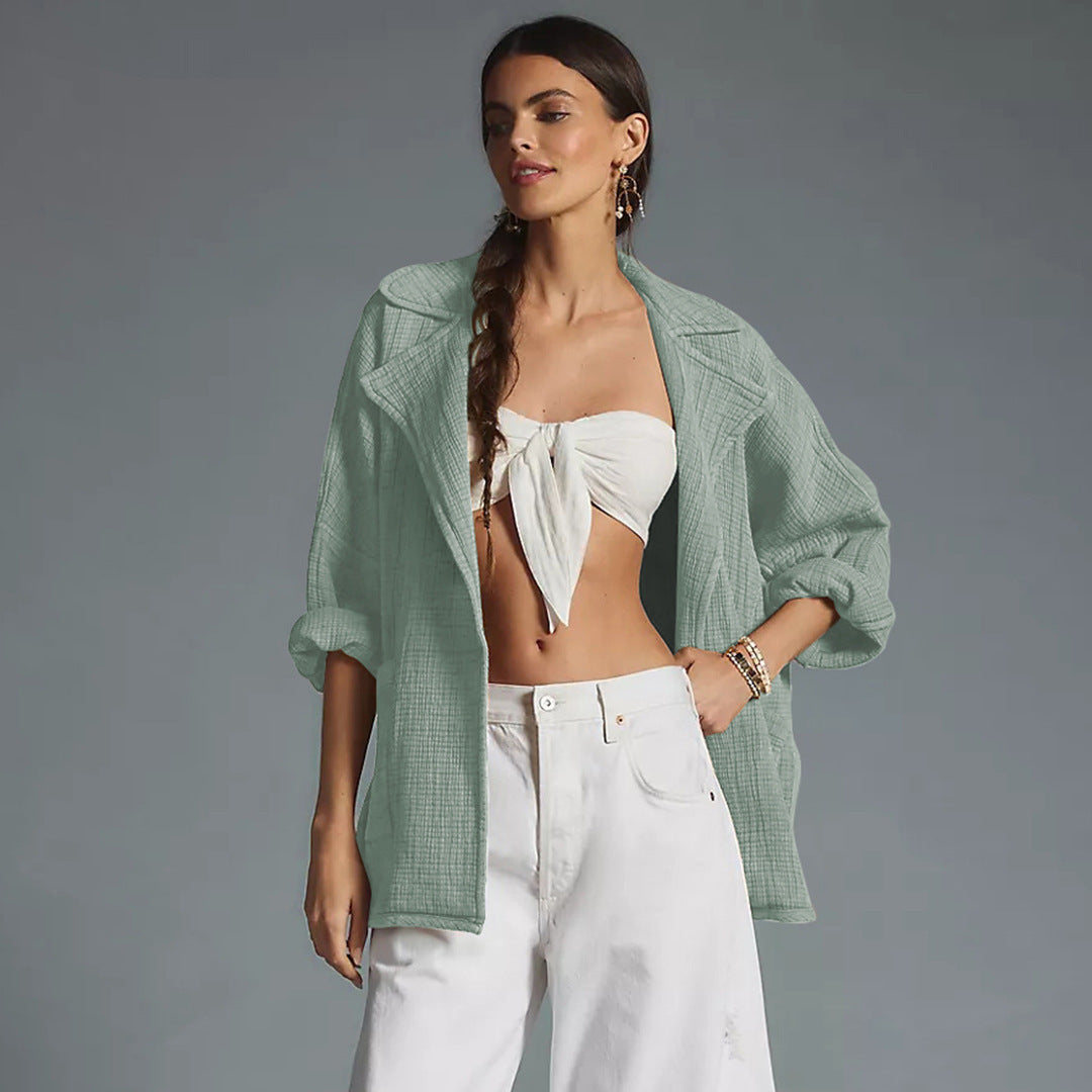 All-match Cardigan Lapel Long Sleeve Solid Color Top