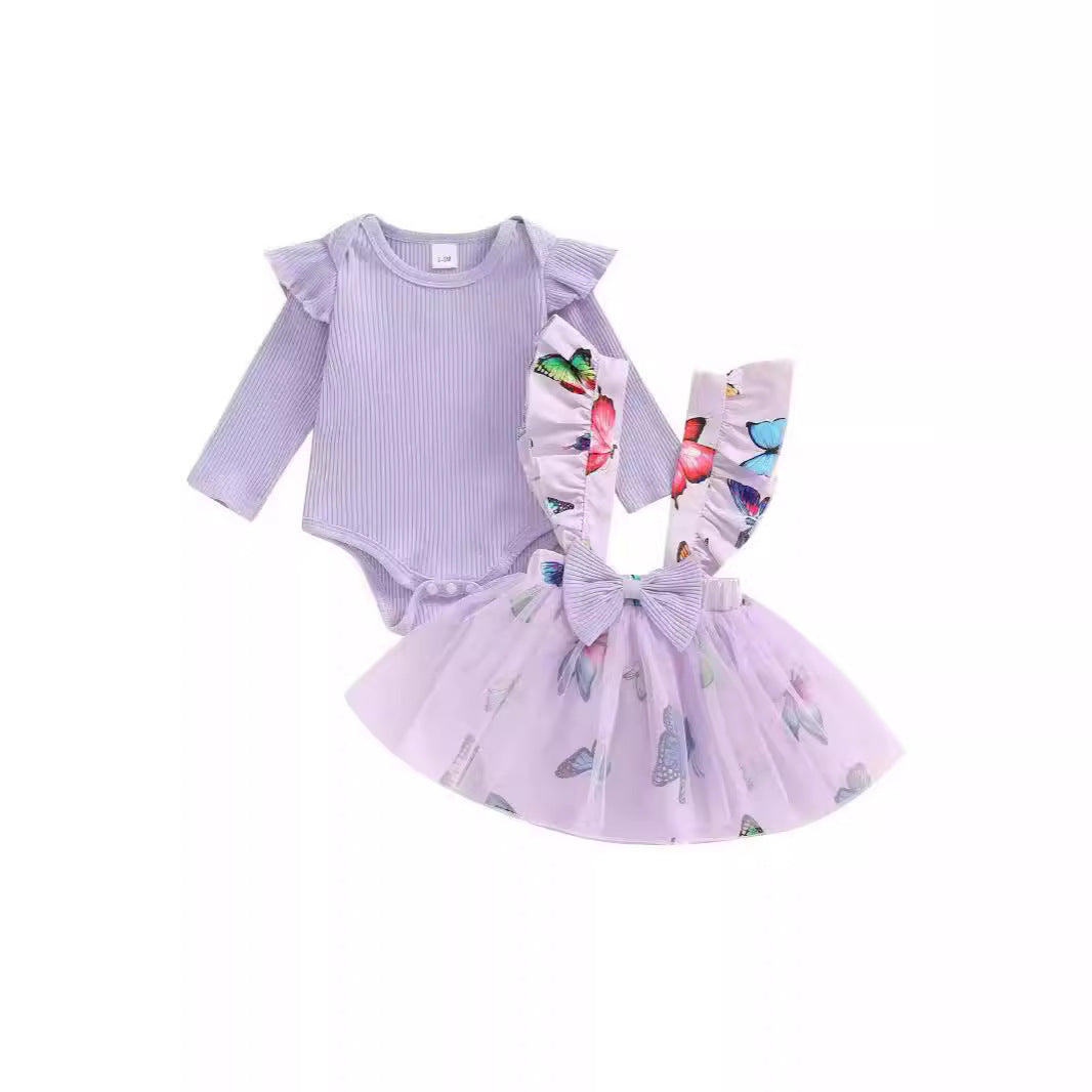 Cross-border Foreign Trade Infant European And American Pastoral Style Simple 3-piece Romper Bow Floral Suspender Skirt