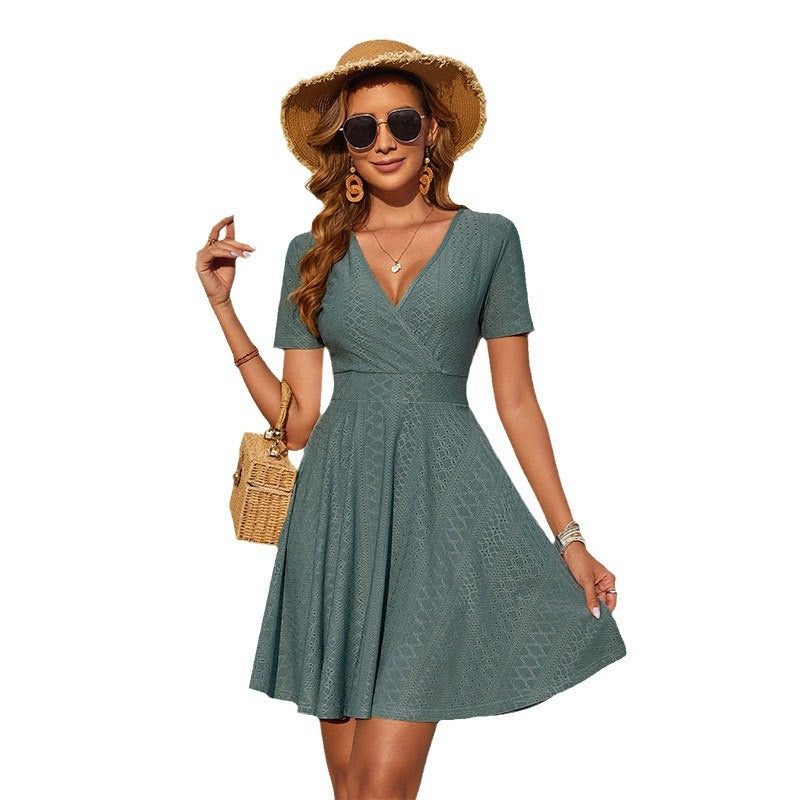 Knitted Embroidered Hollow Cross-collar Stretch Dress